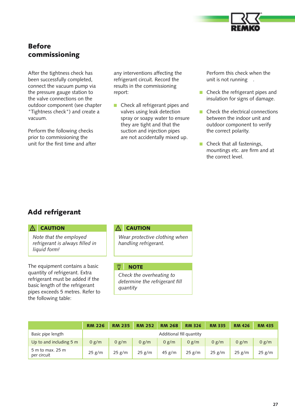 Add refrigerant, Before commissioning | REMKO RM Series User Manual | Page 27 / 36
