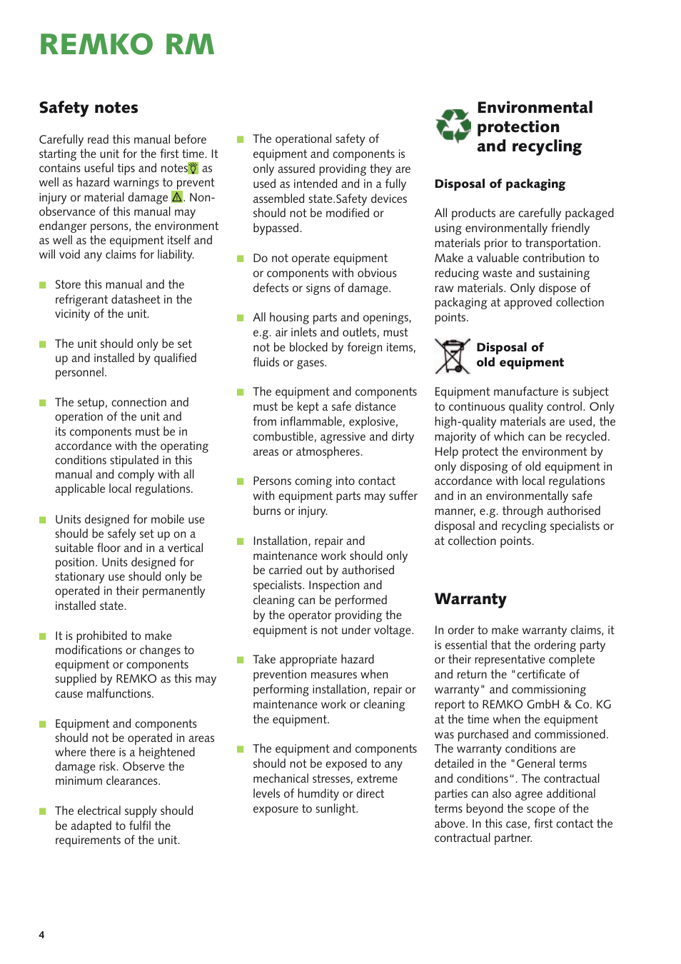 Remko rm, Warranty, Environmental protection and recycling | REMKO RM Series User Manual | Page 4 / 36