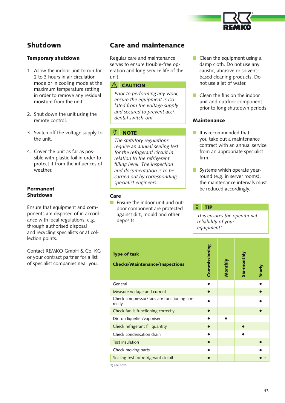 Shutdown, Care and maintenance | REMKO RVD xxx DC User Manual | Page 13 / 52