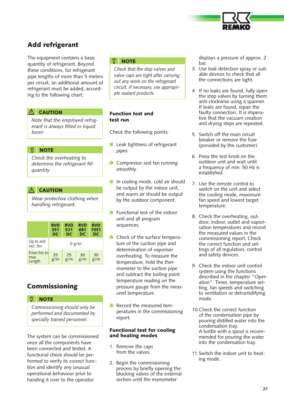 Add refrigerant, Commissioning | REMKO RVD xxx DC User Manual | Page 27 / 52