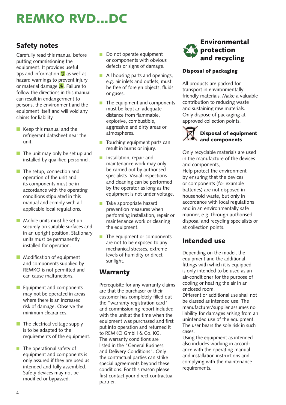 Remko rvd...dc, Warranty, Environmental protection and recycling | Intended use | REMKO RVD xxx DC User Manual | Page 4 / 52