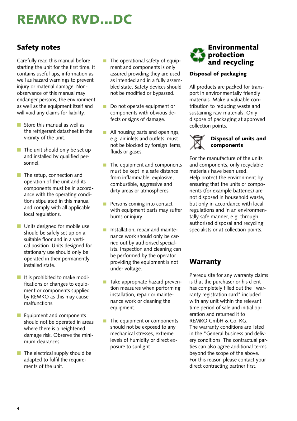 Remko rvd...dc, Warranty, Environmental protection and recycling | REMKO RVD 351 DC User Manual | Page 4 / 32