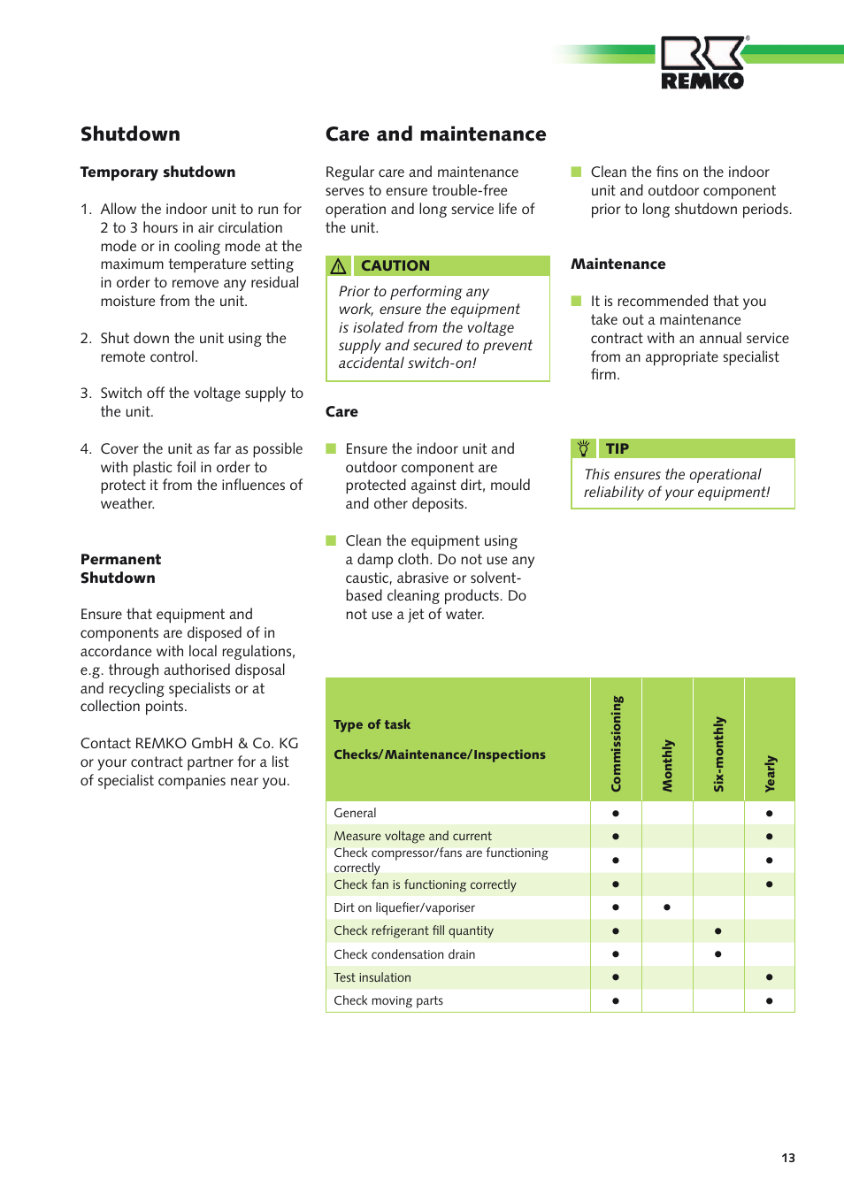 Shutdown, Care and maintenance | REMKO RVT 261 DC User Manual | Page 13 / 32
