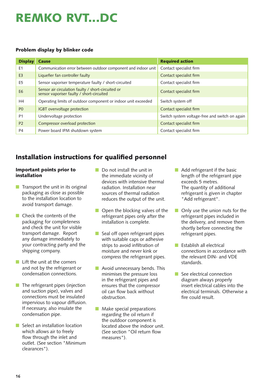 Remko rvt...dc, Installation instructions for qualified personnel | REMKO RVT 261 DC User Manual | Page 16 / 32