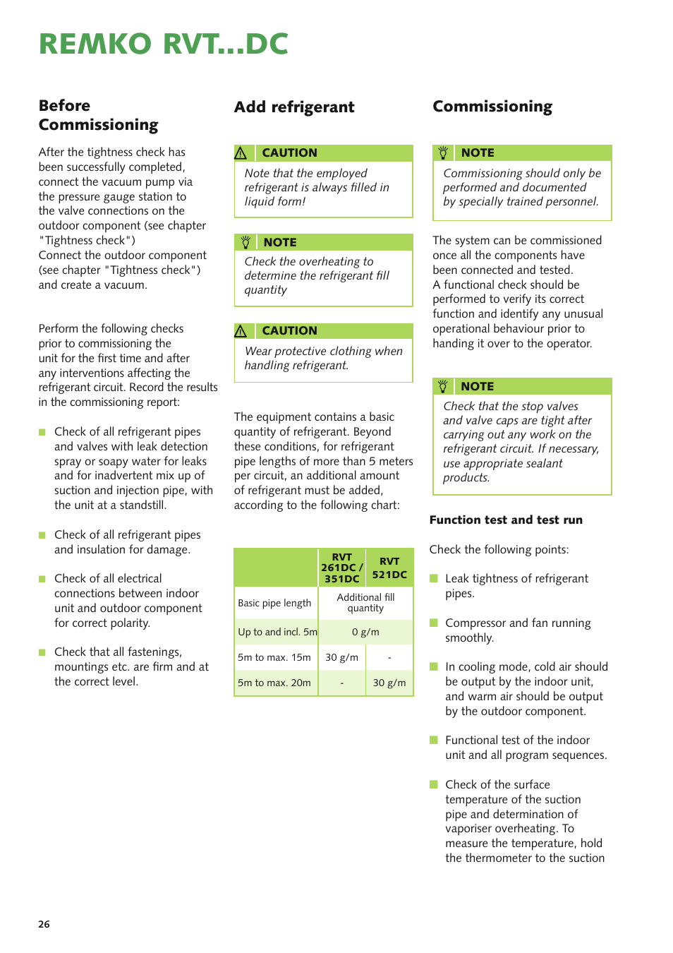 Remko rvt...dc, Add refrigerant, Before commissioning | Commissioning | REMKO RVT 261 DC User Manual | Page 26 / 32