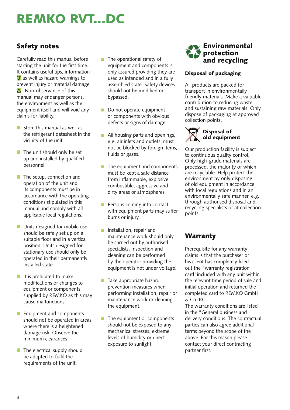 Remko rvt...dc, Warranty, Environmental protection and recycling | REMKO RVT 261 DC User Manual | Page 4 / 32