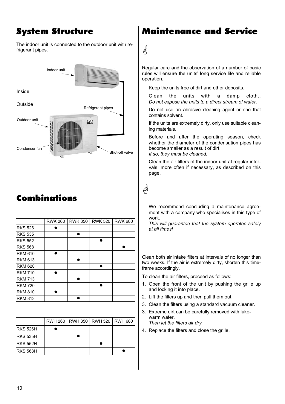 Maintenance and service, System structure, Combinations | REMKO RWK 260 User Manual | Page 10 / 20