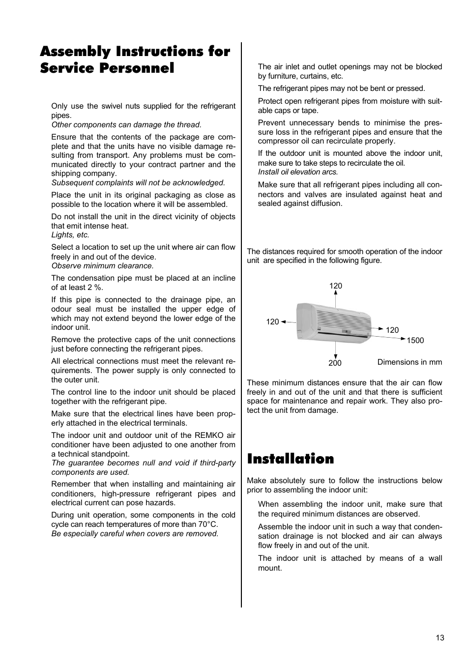 Installation, Assembly instructions for service personnel | REMKO RWK 260 User Manual | Page 13 / 20