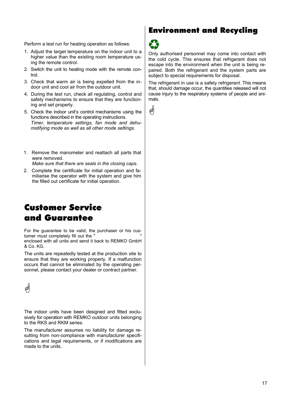 Customer service and guarantee, Environment and recycling | REMKO RWK 260 User Manual | Page 17 / 20