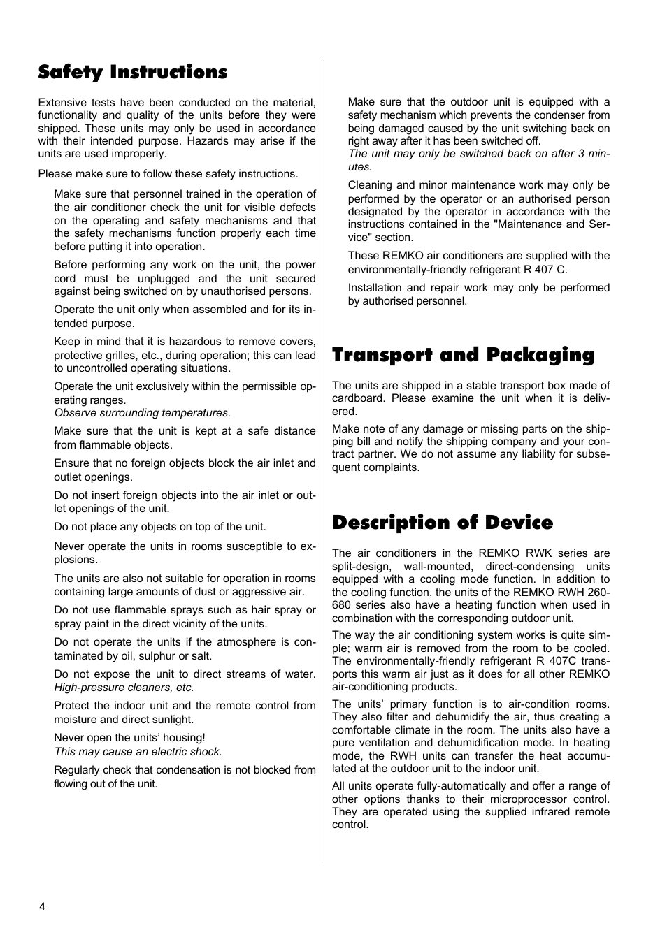 Description of device, Transport and packaging, Safety instructions | REMKO RWK 260 User Manual | Page 4 / 20