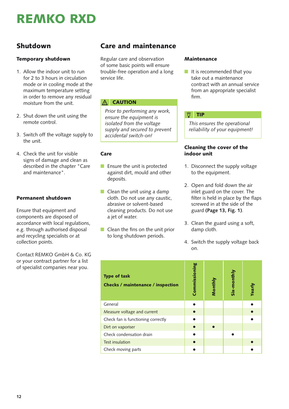 Remko rxd, Shutdown, Care and maintenance | REMKO RXD Series User Manual | Page 12 / 28