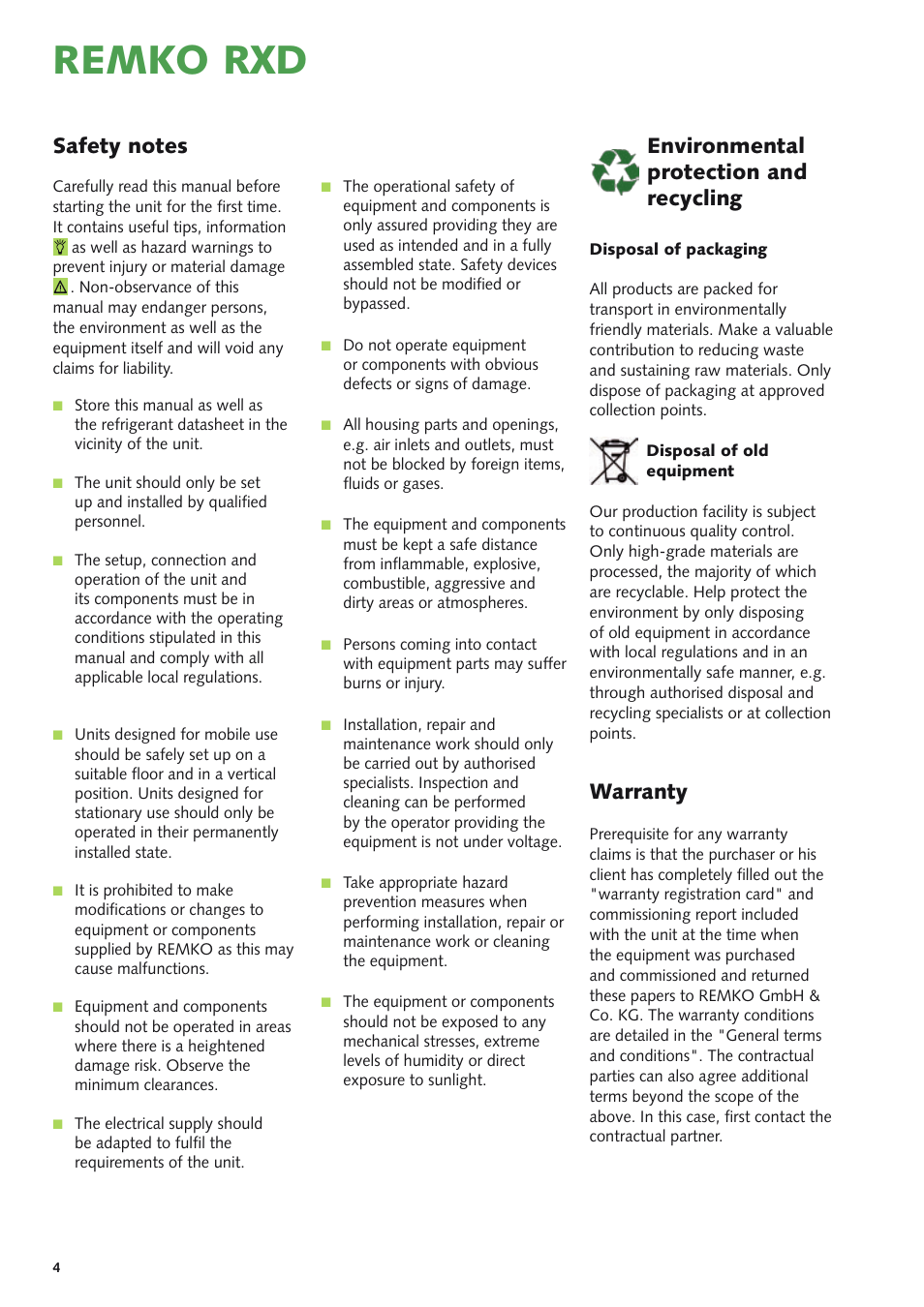 Remko rxd, Environmental protection and recycling warranty | REMKO RXD Series User Manual | Page 4 / 28