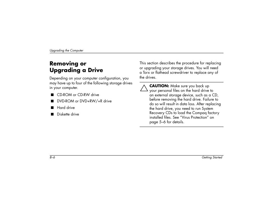Removing or upgrading a drive | Compaq 6000 User Manual | Page 108 / 142
