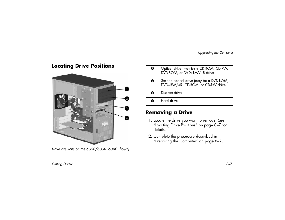 Locating drive positions, Removing a drive | Compaq 6000 User Manual | Page 109 / 142