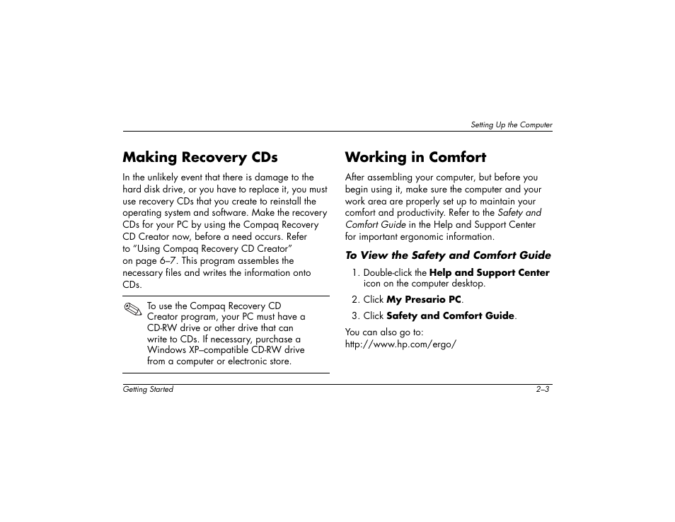 Making recovery cds, Working in comfort | Compaq 6000 User Manual | Page 11 / 142