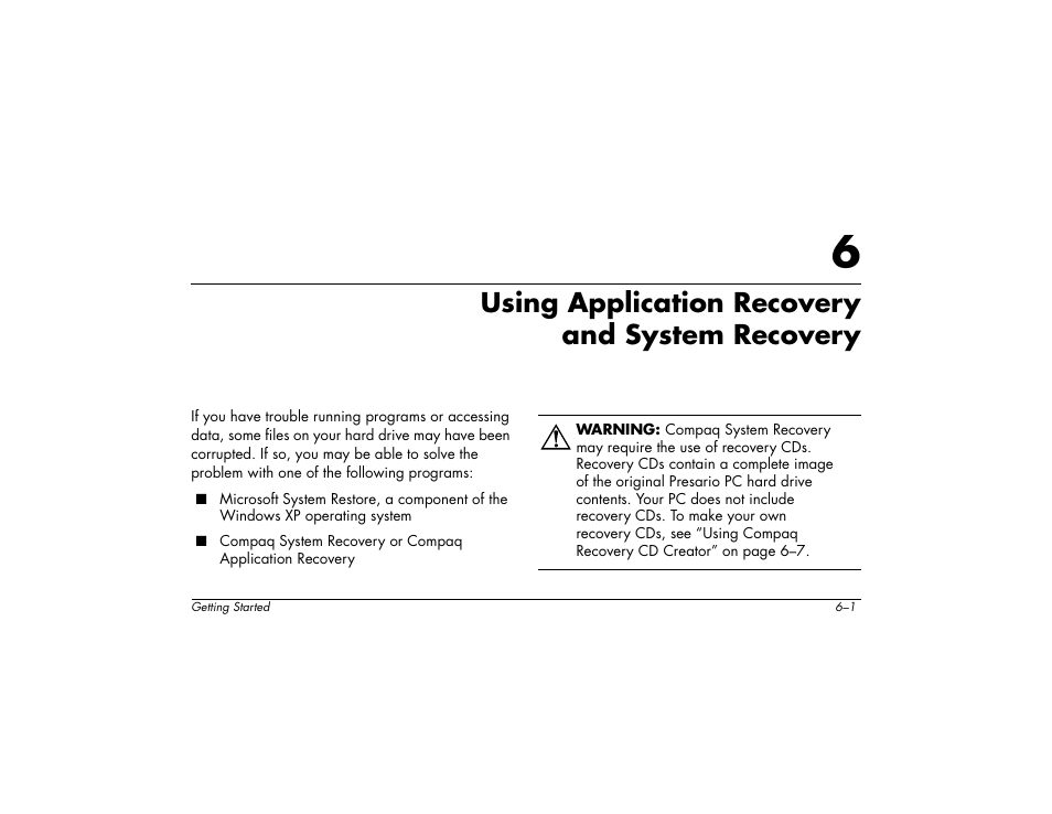 Using application recovery and system recovery | Compaq 6000 User Manual | Page 57 / 142