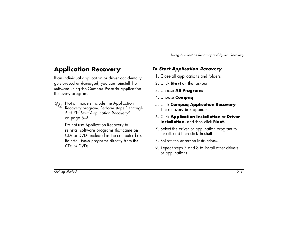 Application recovery | Compaq 6000 User Manual | Page 59 / 142