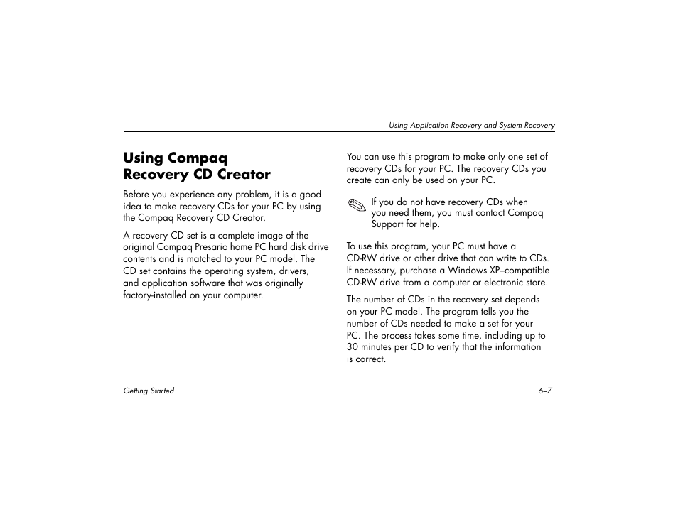 Using compaq recovery cd creator | Compaq 6000 User Manual | Page 63 / 142