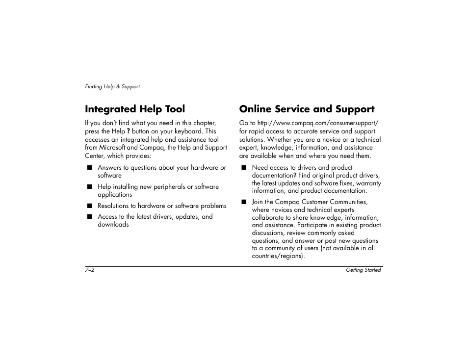 Integrated help tool, Online service and support | Compaq 6000 User Manual | Page 72 / 142