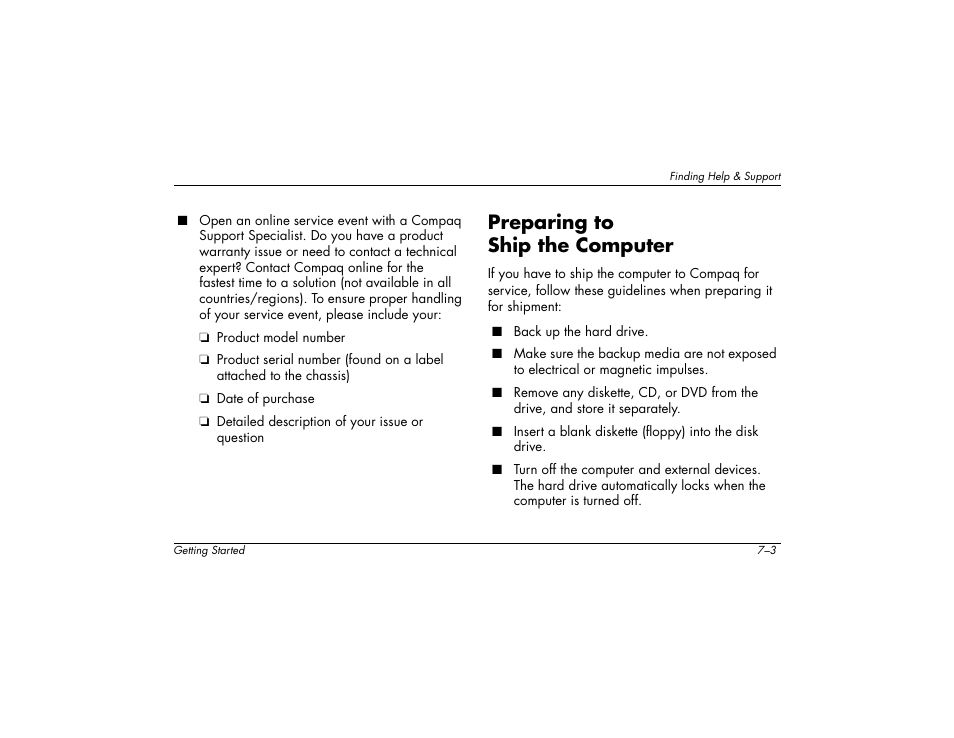 Preparing to ship the computer | Compaq 6000 User Manual | Page 73 / 142