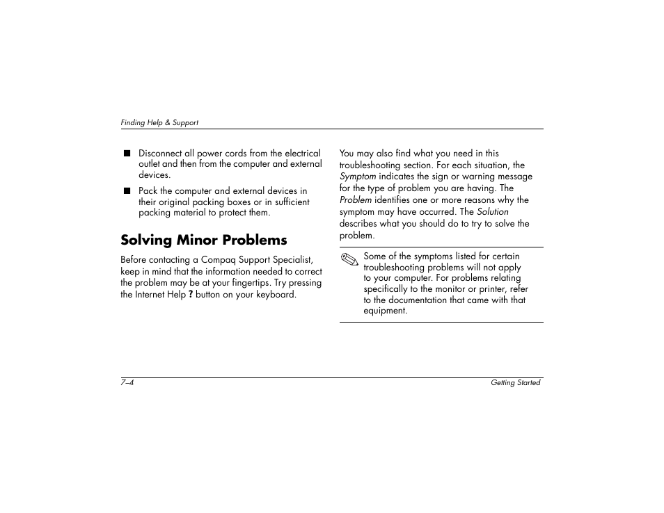 Solving minor problems | Compaq 6000 User Manual | Page 74 / 142
