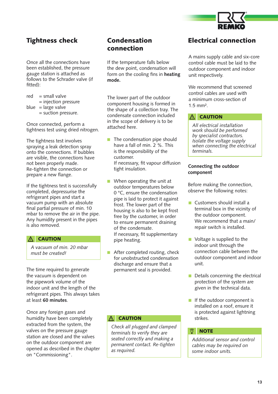 Tightness check, Condensation connection, Electrical connection | REMKO RXS xxx H User Manual | Page 13 / 20