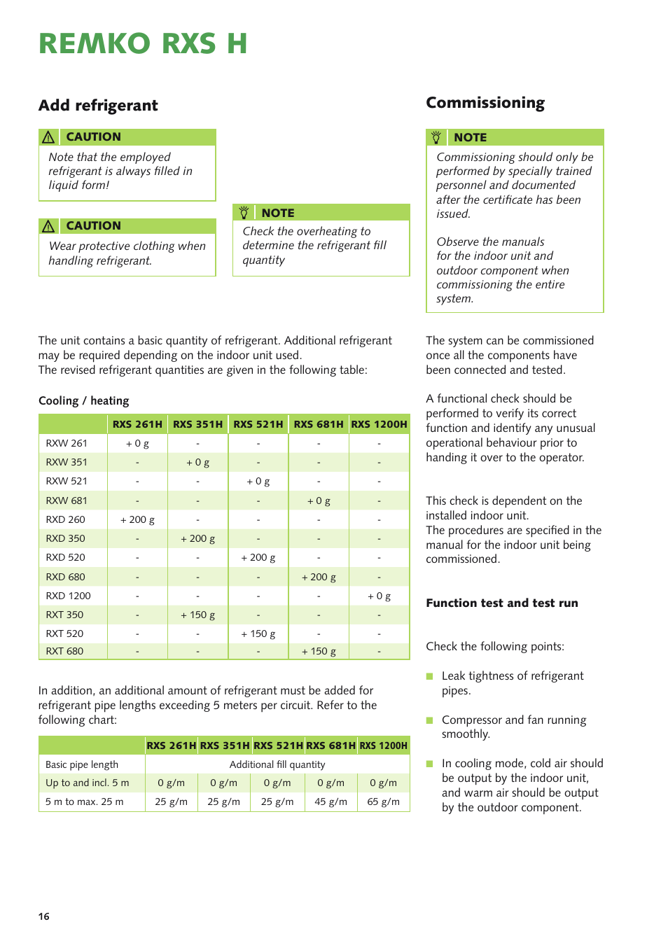 Remko rxs h, Add refrigerant, Commissioning | REMKO RXS xxx H User Manual | Page 16 / 20