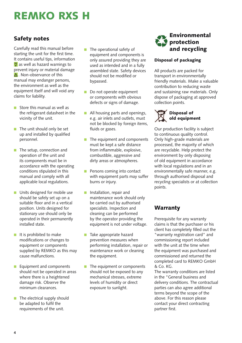 Remko rxs h, Warranty, Environmental protection and recycling | REMKO RXS xxx H User Manual | Page 4 / 20