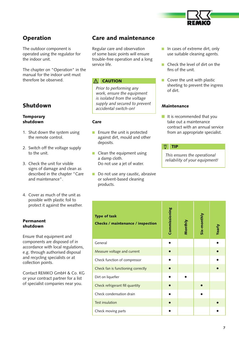 Operation, Shutdown, Care and maintenance | REMKO RXS xxx H User Manual | Page 7 / 20