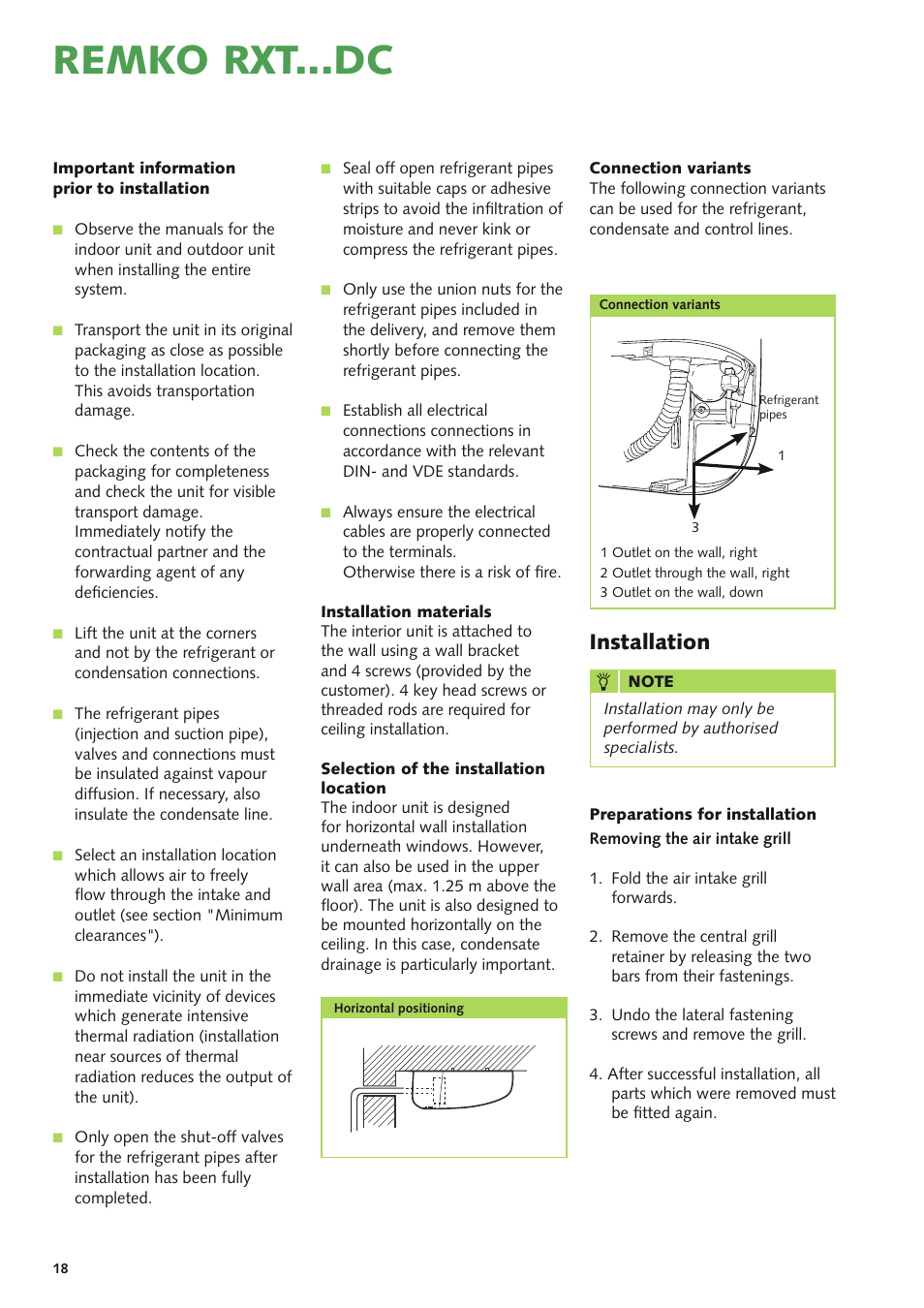 Remko rxt...dc, Installation | REMKO RXT xxx DC User Manual | Page 18 / 56