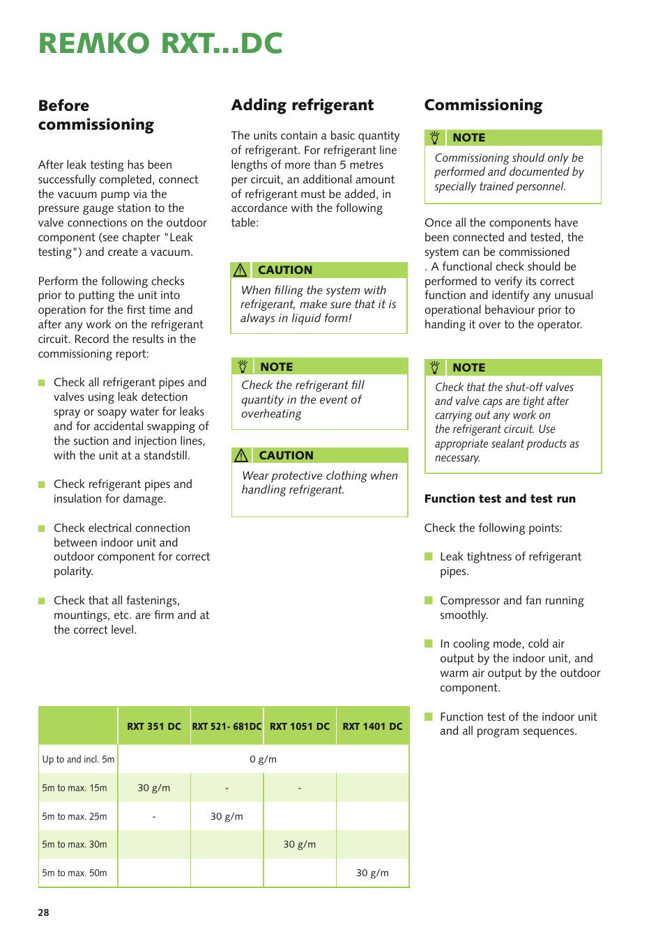 Remko rxt...dc, Adding refrigerant, Before commissioning | Commissioning | REMKO RXT xxx DC User Manual | Page 28 / 56