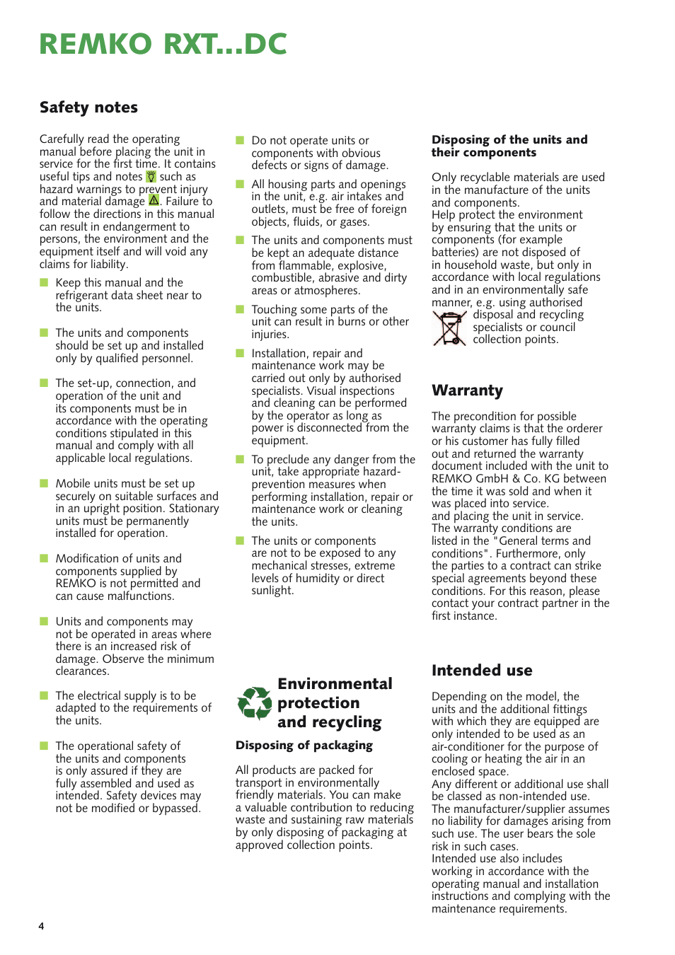 Remko rxt...dc, Intended use, Warranty | Environmental protection and recycling | REMKO RXT xxx DC User Manual | Page 4 / 56