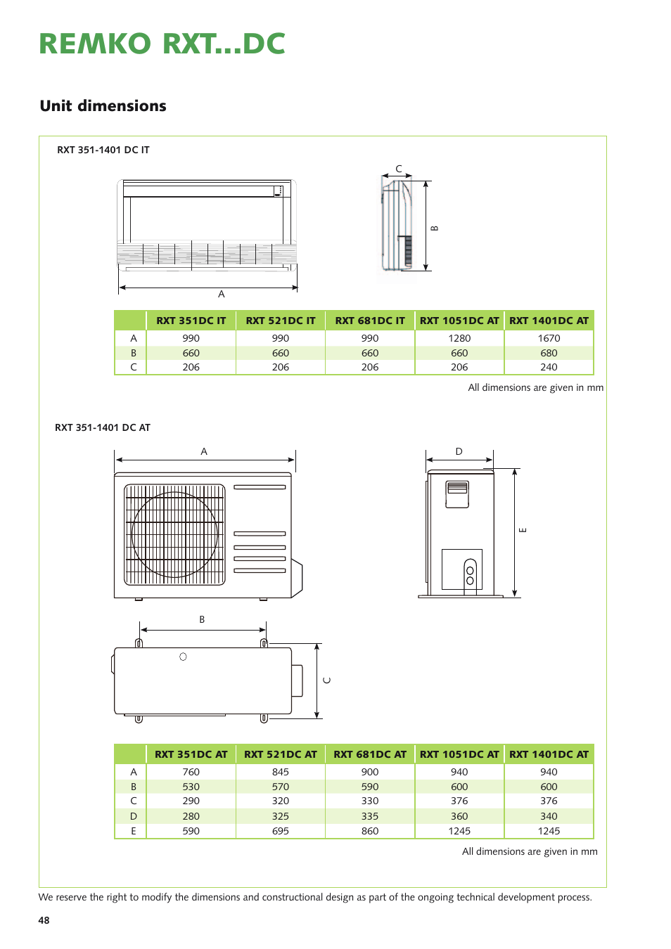 Remko rxt...dc, Unit dimensions | REMKO RXT xxx DC User Manual | Page 48 / 56
