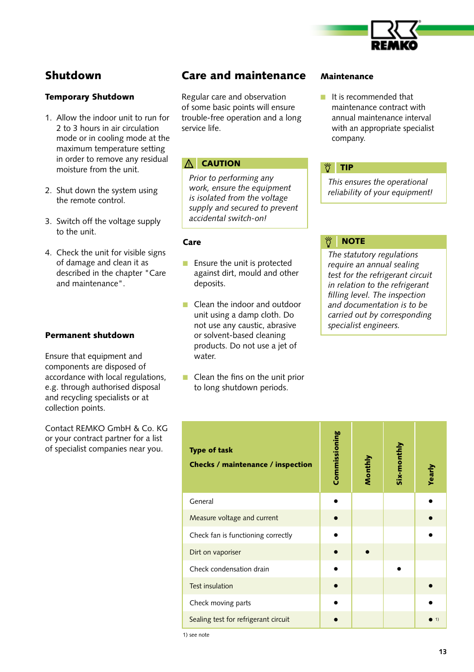 Care and maintenance, Shutdown | REMKO RXW 261 User Manual | Page 13 / 24