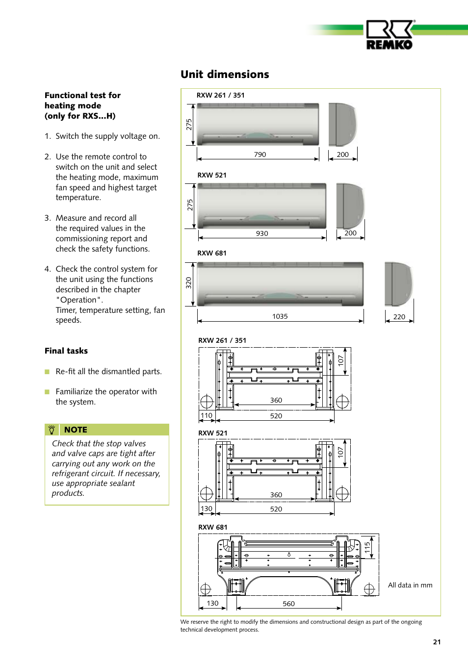 Unit dimensions | REMKO RXW 261 User Manual | Page 21 / 24