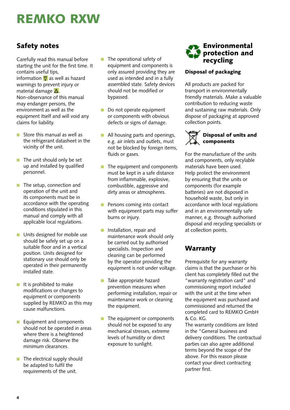 Remko rxw, Warranty, Environmental protection and recycling | REMKO RXW 261 User Manual | Page 4 / 24