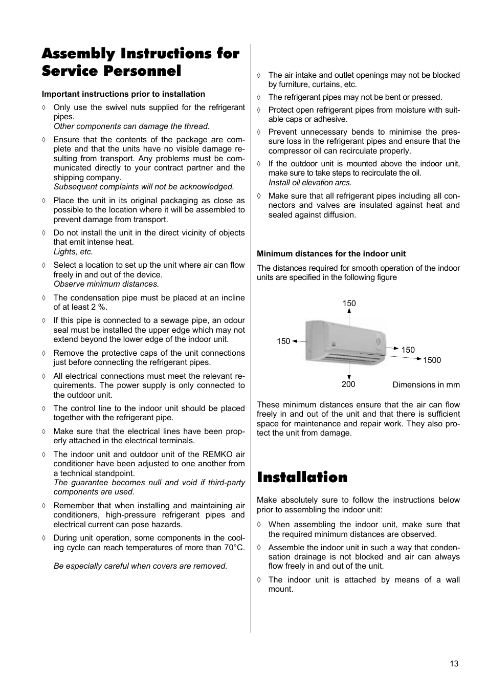 Installation, Assembly instructions for service personnel | REMKO RXW 350 User Manual | Page 13 / 20