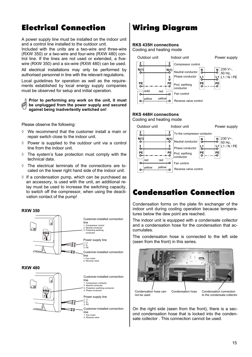 Electrical connection, Condensation connection, Wiring diagram | Rks 435h connections cooling and heating mode | REMKO RXW 350 User Manual | Page 15 / 20