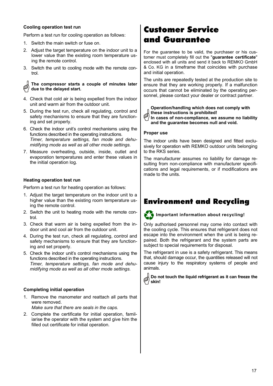 Customer service and guarantee, Environment and recycling | REMKO RXW 350 User Manual | Page 17 / 20