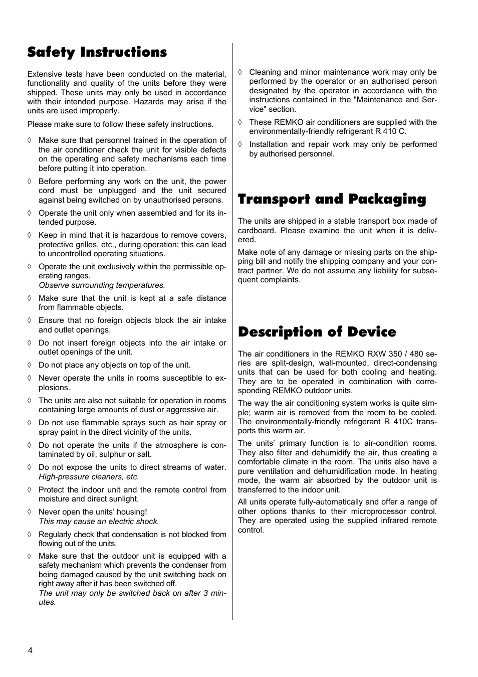 Description of device, Safety instructions, Transport and packaging | REMKO RXW 350 User Manual | Page 4 / 20