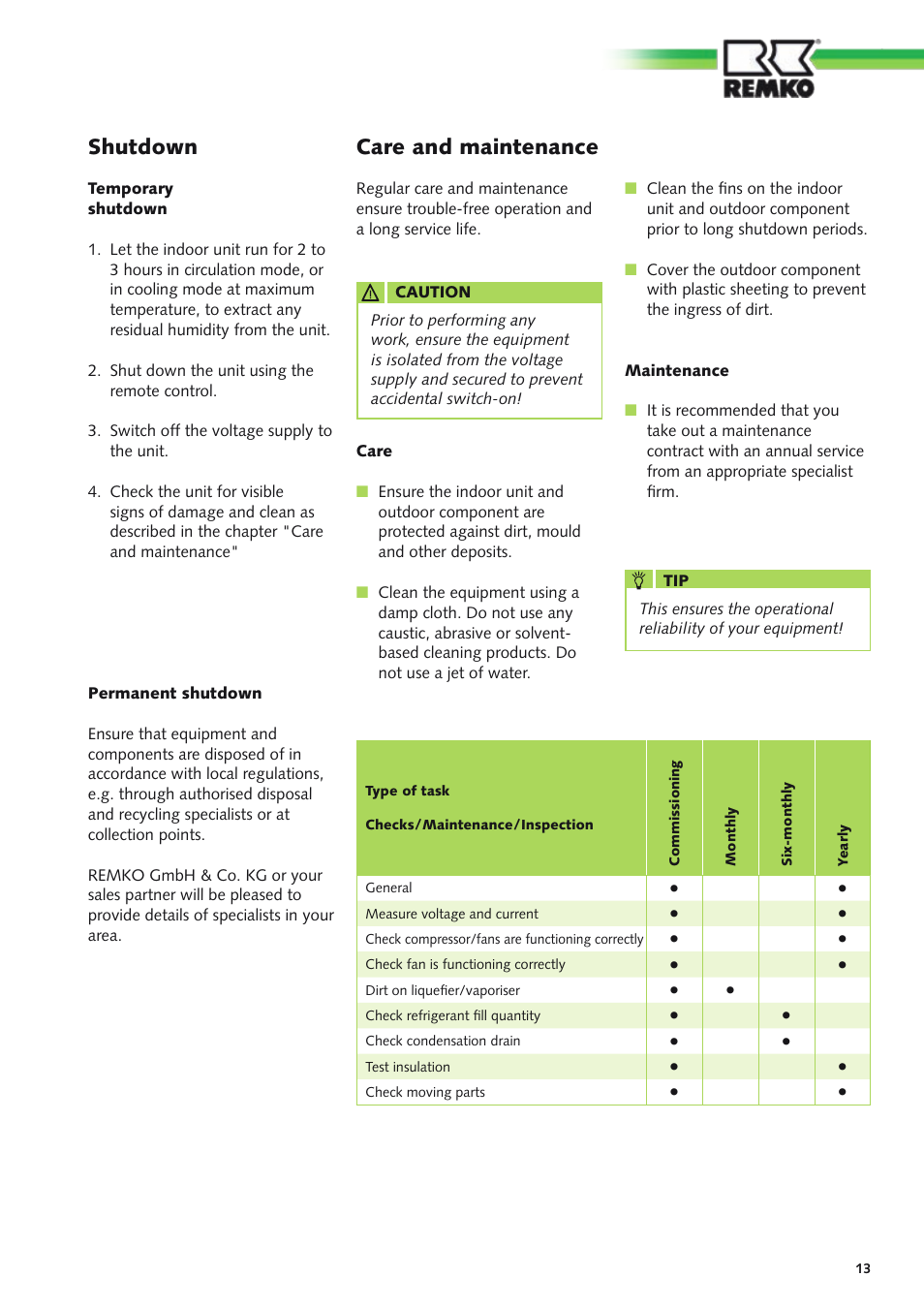 Shutdown, Care and maintenance | REMKO SV 261 User Manual | Page 13 / 32