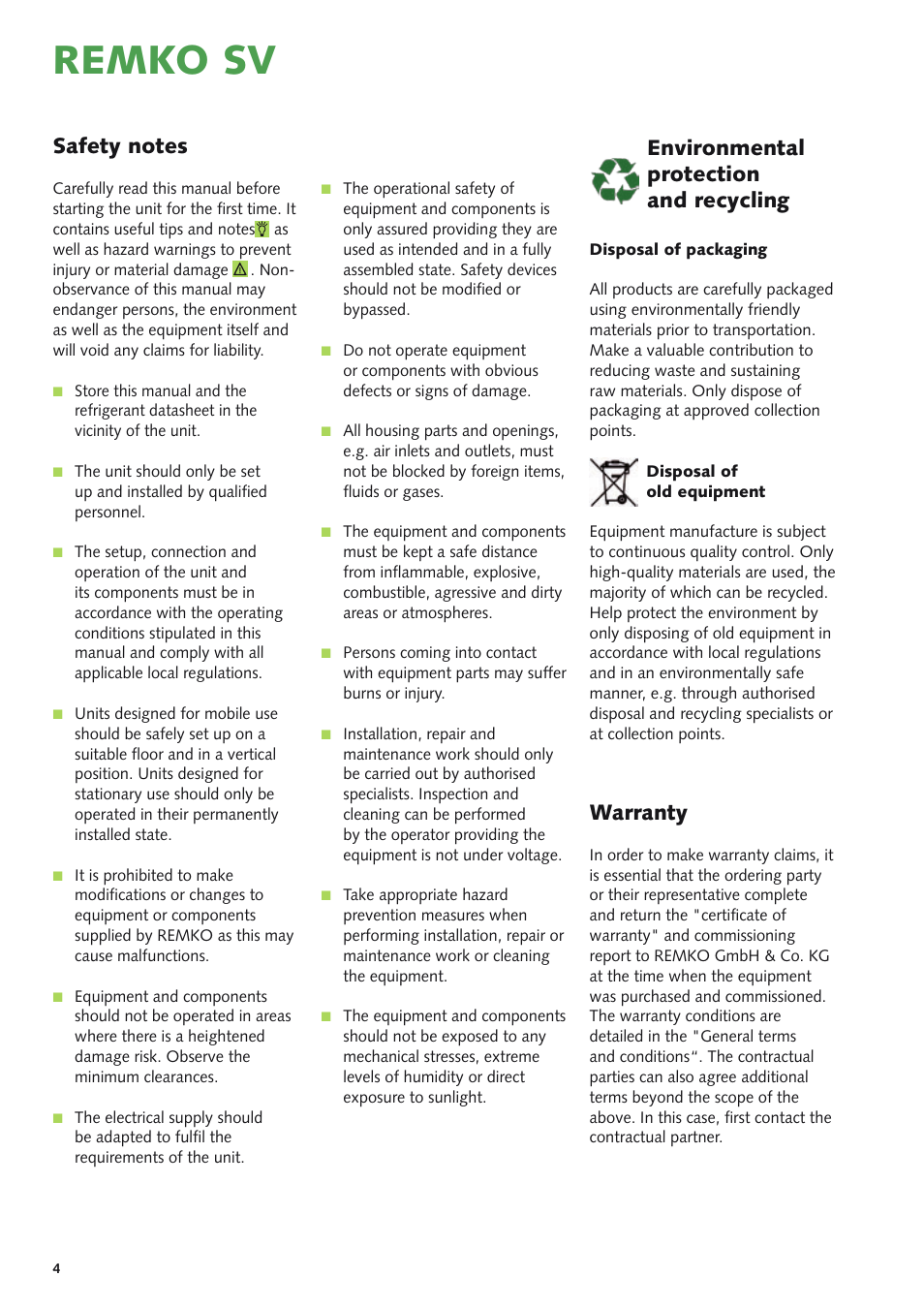 Remko sv, Environmental protection and recycling, Warranty | REMKO SV 261 User Manual | Page 4 / 32