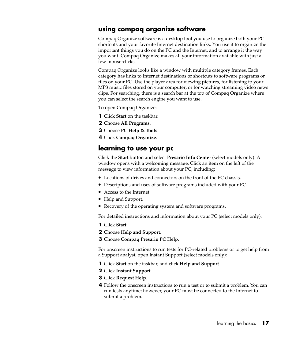 Using compaq organize software, Learning to use your pc | Compaq TFT 8000 User Manual | Page 24 / 123