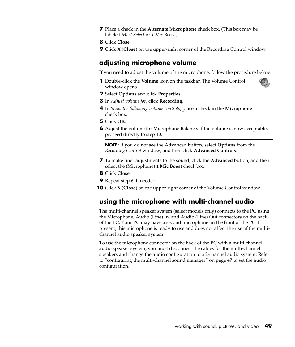Adjusting microphone volume, Using the microphone with multi-channel audio | Compaq TFT 8000 User Manual | Page 56 / 123