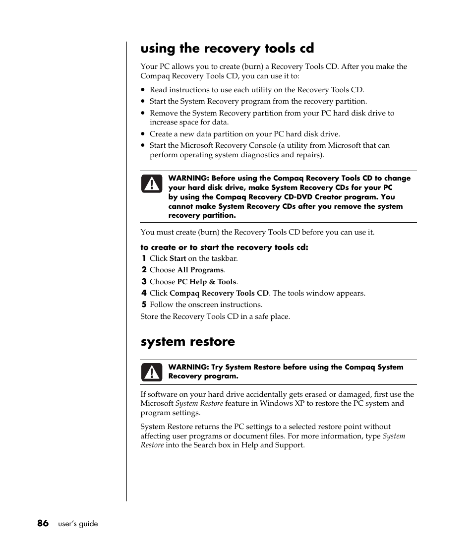 Using the recovery tools cd, System restore | Compaq TFT 8000 User Manual | Page 93 / 123