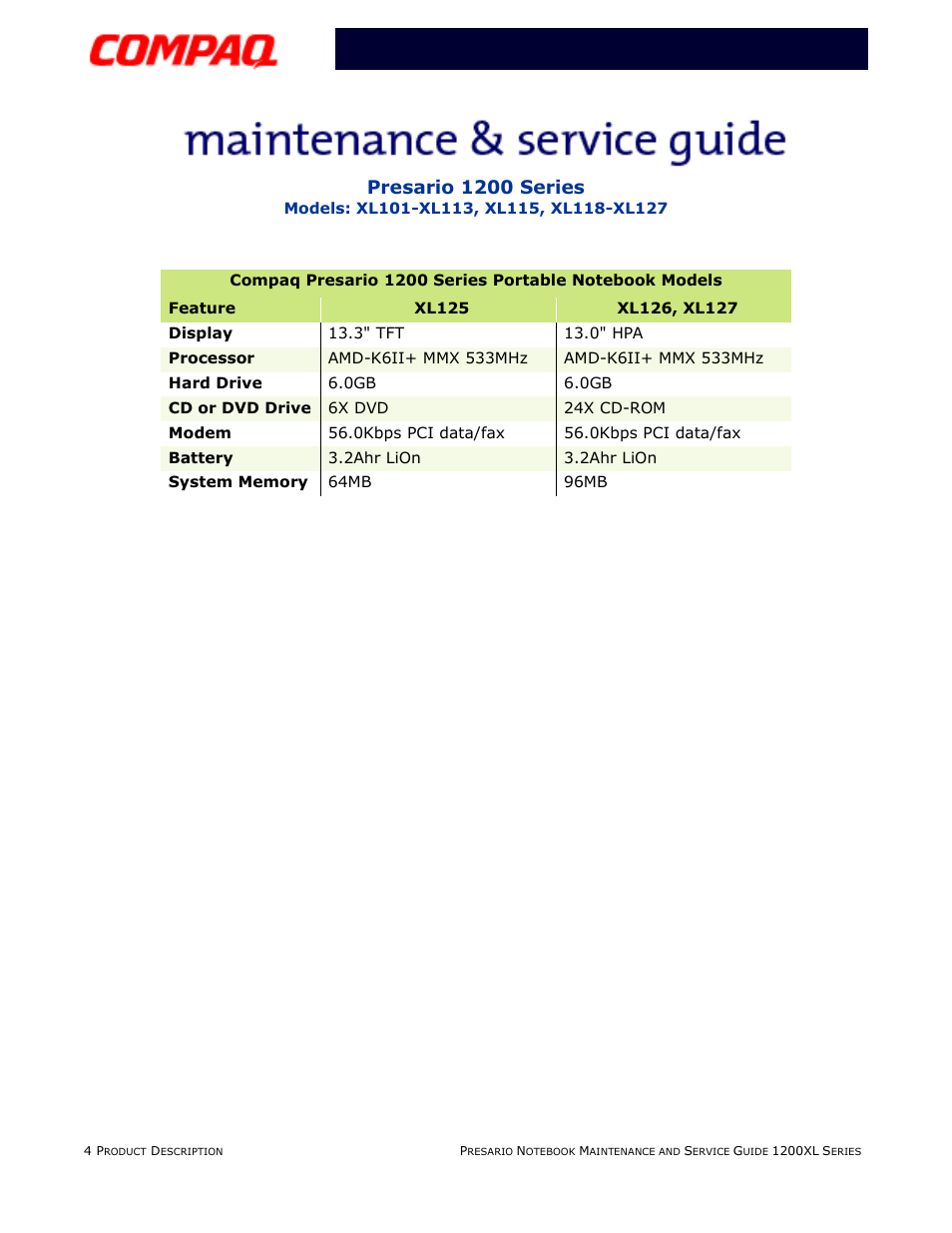 Presario 1200 series | Compaq XL118-XL127 User Manual | Page 10 / 132