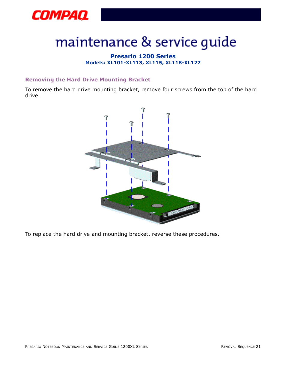 Removing the hard drive mounting bracket, Presario 1200 series | Compaq XL118-XL127 User Manual | Page 101 / 132