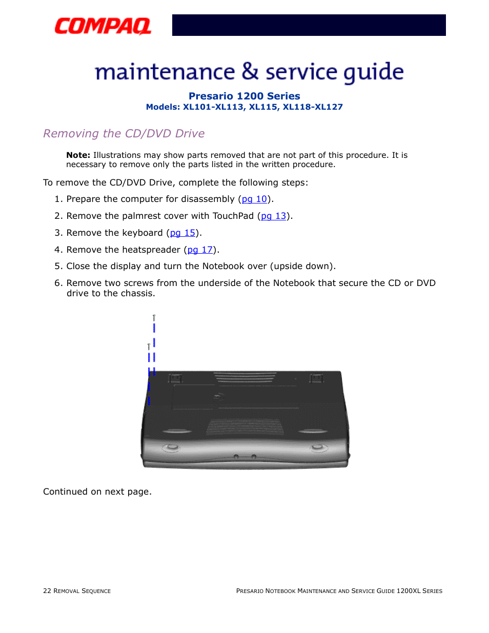 Removing the cd/dvd drive, Presario 1200 series | Compaq XL118-XL127 User Manual | Page 102 / 132