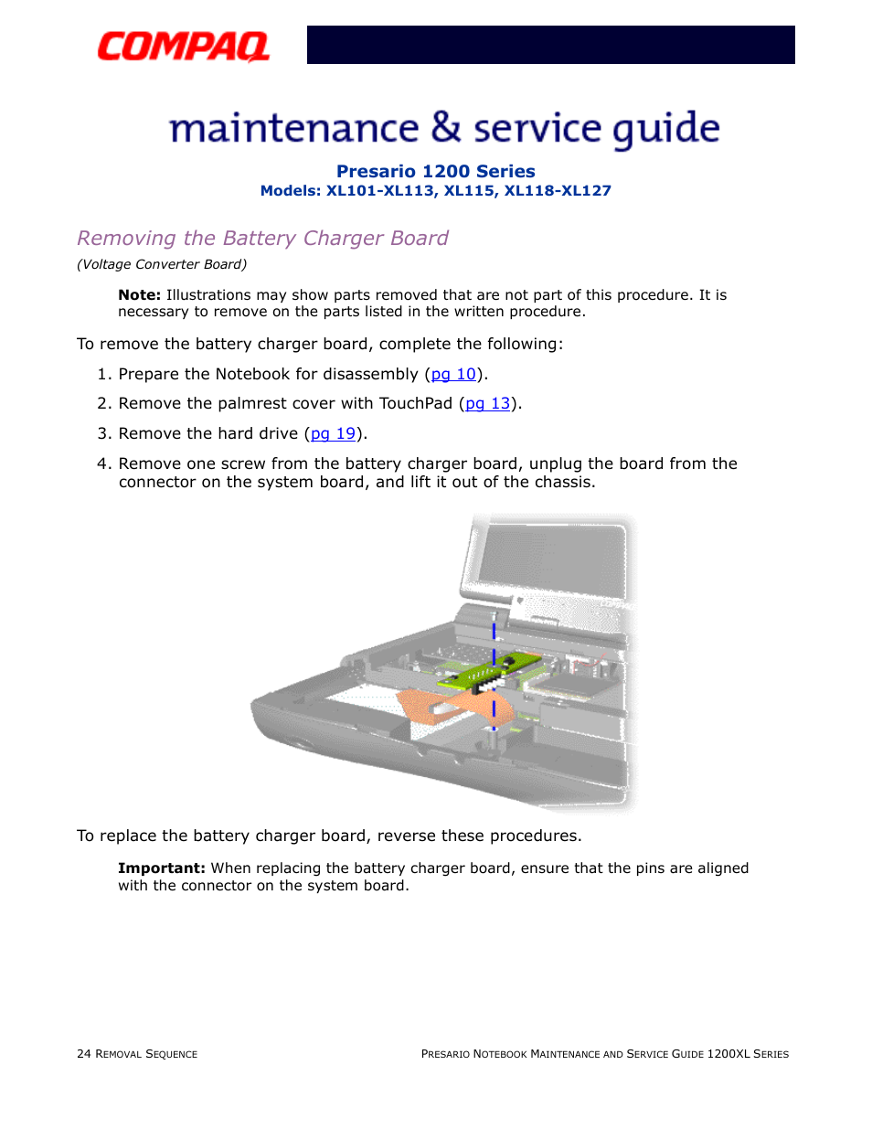 Removing the battery charger board, Presario 1200 series | Compaq XL118-XL127 User Manual | Page 104 / 132