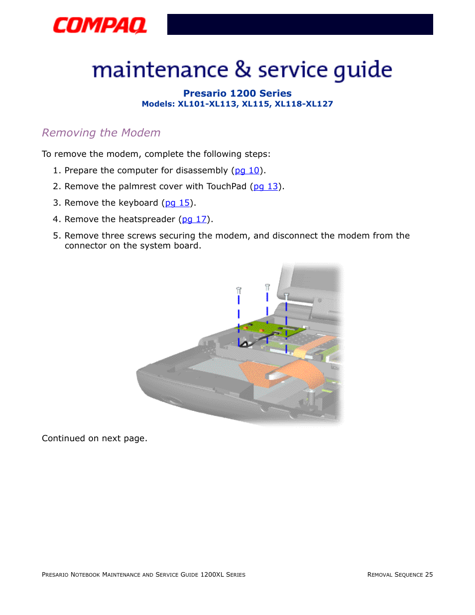 Removing the modem, Presario 1200 series | Compaq XL118-XL127 User Manual | Page 105 / 132